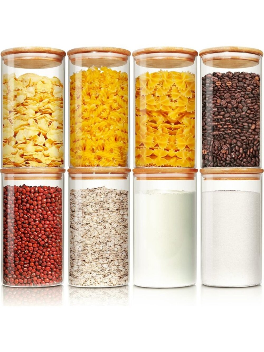 Airtight Glass Storage Jars with Bamboo Lids - Set of 8 Canisters for Kitchen